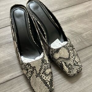 French Connection Black and Cream Snakeskin Mules
